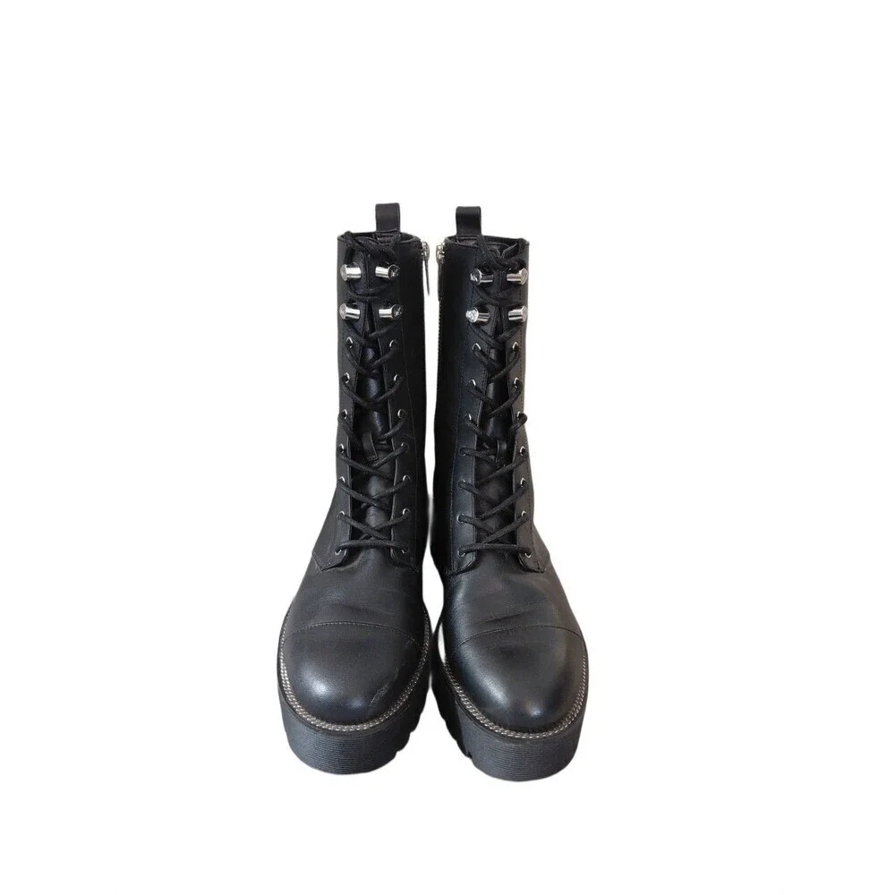Michael Kors Black Tall Combat Boots Lug Sole Leather Lace Up Boots Women's Sz 6